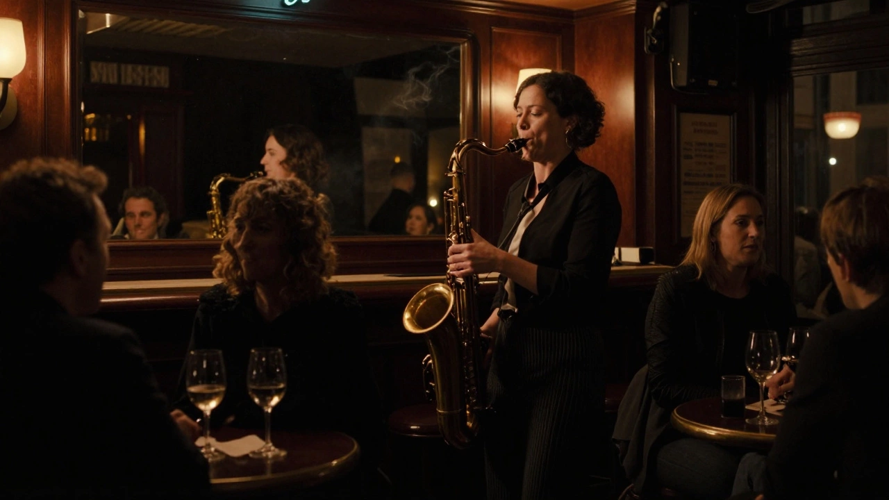 A composed woman listening to jazz in a dim Montmartre bar, shadows and music surrounding her in quiet intimacy.
