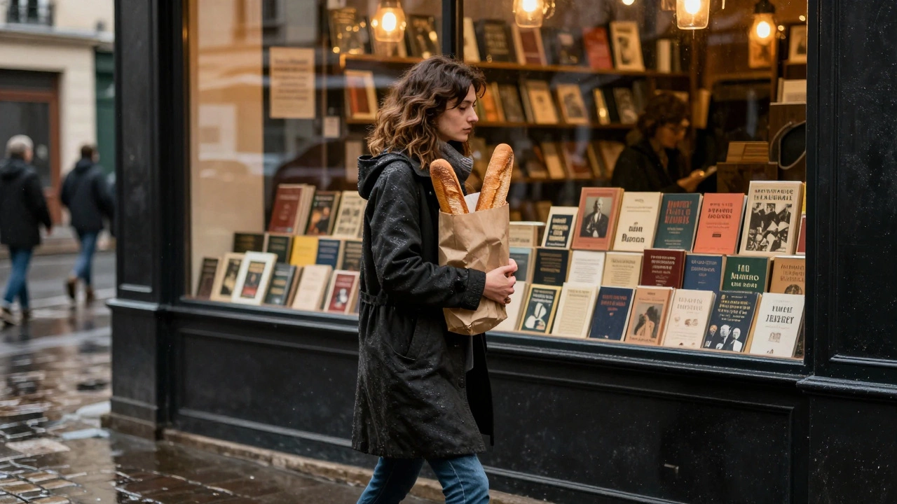 A woman walking past a bookshop in Saint-Germain on a rainy morning, holding bread, the city softly reflecting around her.