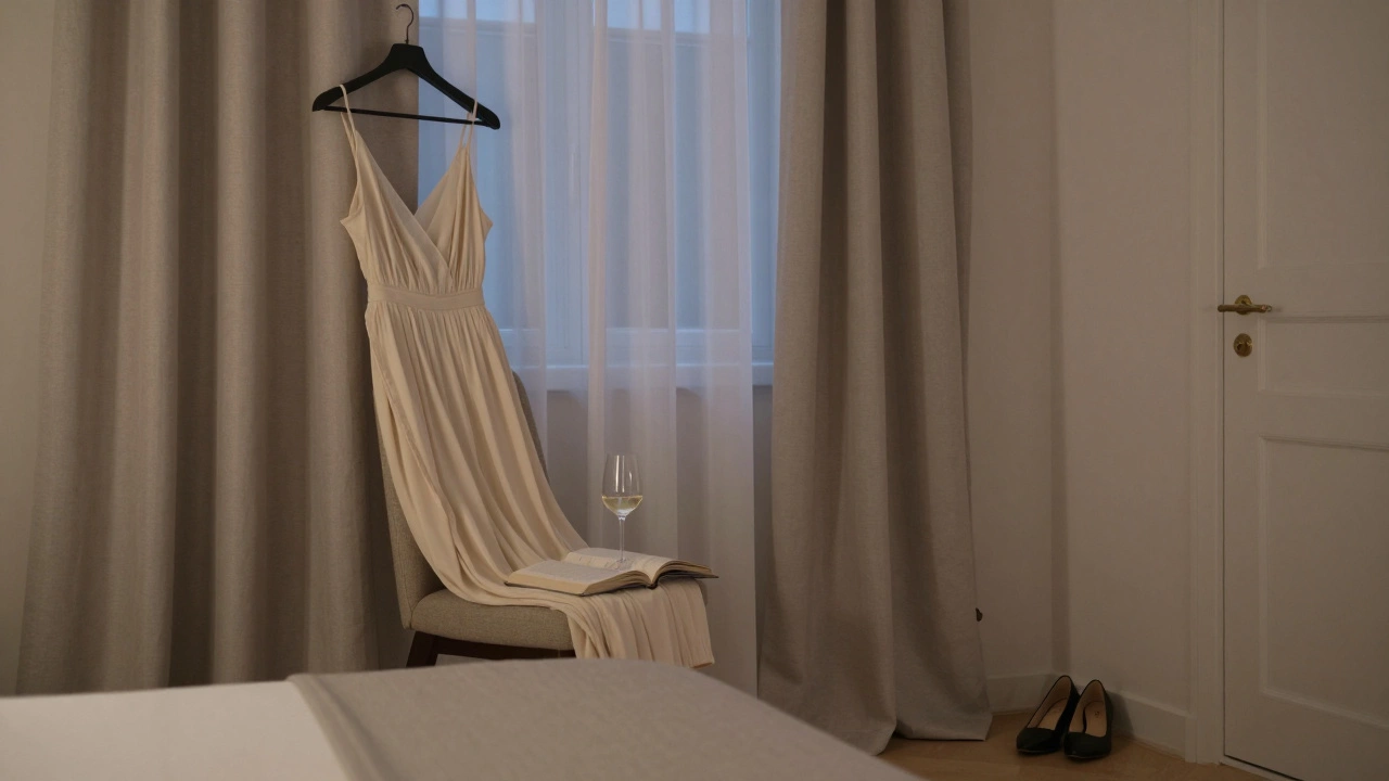 An empty hotel room with subtle signs of a personal, intimate encounter.